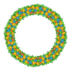 Round colorful frame of flowers. The border of delicate flowers, a wreath with green leaves and multicolored flowers.