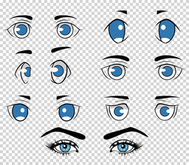 Set of different human and anime eyes, cartoon girl face elements. Vector illustration