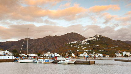 Fototapeta na wymiar Port in Livadi village and view of Chora on Serifos island.
