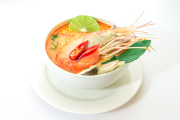 Close up Asian Spicy soup with shrimp in white bowl 
