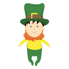 Infant in costume St. Patrick. Little boy with a red beard and invoice in a big green hat.