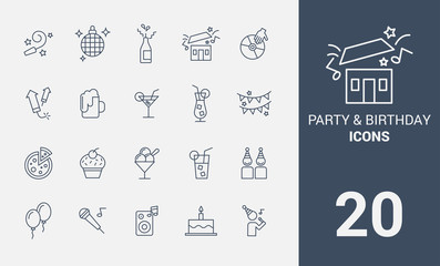 party and birthday line icons set