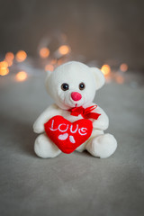 Teddy bear with a heart on the background lights for Valentine's day
