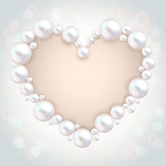 Pearl beads wedding invitation frame on grey background. Jewellery bracelet, necklace . Wedding invitation white pearls vector background.