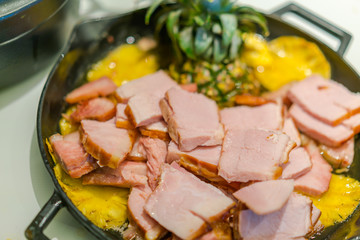 Breakfast buffet with sausages .