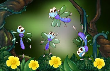Dragonflies flying in the deep forest