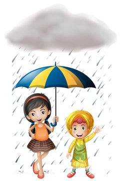 Two kids with umbrella and raincoat in the rain