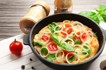 Freshly baked pizza in a pan