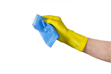 Man's or woman's hand cleaning with blue microfiber cloth on a white background. Concept product photograph with copy space