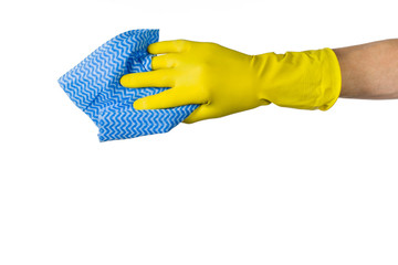 Man's or woman's hand cleaning with blue microfiber cloth on a white background. Concept product...
