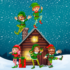 Naklejka premium Five elves at the wood cabin on christmas night