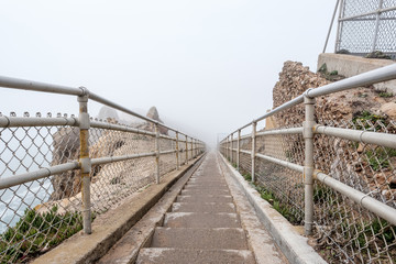 Fototapeta premium Trail through white fog to Point Reyes at Pacific coast
