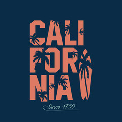 Fototapeta premium California beach Typography Graphics. Palms and surfboard. T-shirt Printing Design for sportswear apparel. Vector illustration of a surfing in California. Sports wear print design