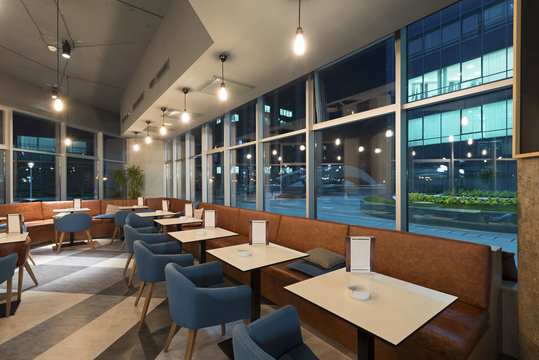 Interior of a modern restaurant in office building