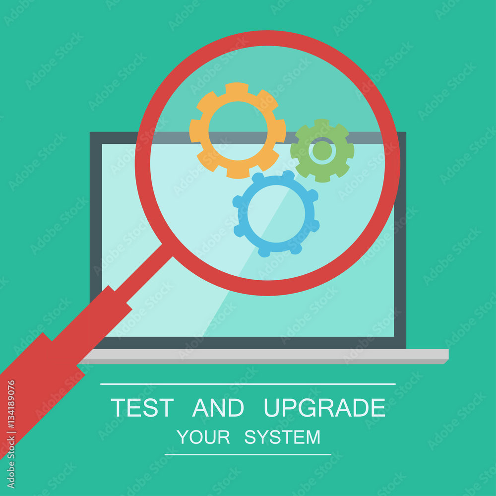 Poster testing system icon. functional testing software. laptop on background. magnifier with cogwheels ins
