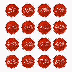 Red discount stickers set. From 5 to 80 percent of discount label tag isolated on white background. You can simply change color and size