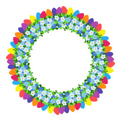 Easter eggs colored round photo frame with flowers.