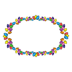 Easter eggs colored oval photo frame. Multicolored bright border to design greeting cards.