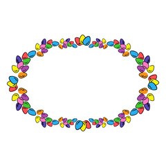 Easter eggs colored oval photo frame. Multicolored bright border to design greeting cards.