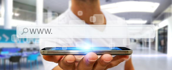Man surfing on internet with digital tactile web address bar