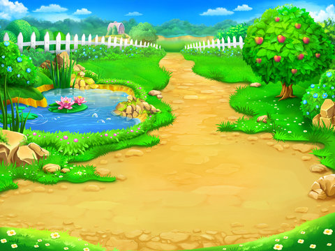 Fairy tale, cartoon background, digital art. Illustration of a fairy garden  and lake. Can be used as location for games or illustration for books Stock  Illustration | Adobe Stock