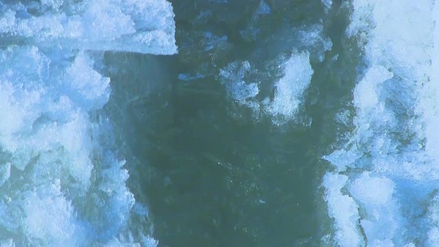 Close ups of the ice debacle as the huge pieces slowly floating down on the river danube in Budapest