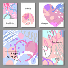 Valentine`s Day creative artistic cards set. Vector illustration. Wedding, love, romantic template. Hand drawn elements.