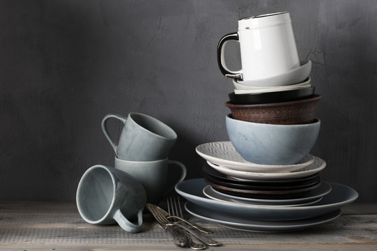 Various Crockery On Kitchen Table