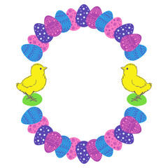 Easter eggs and chicken colored round photo frame.