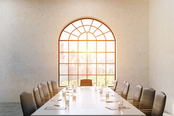 Meeting room with arc shaped window, toned