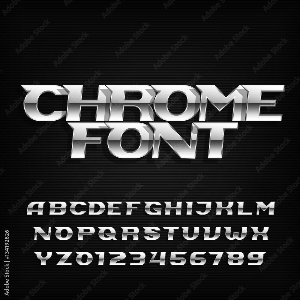 Poster chrome alphabet font. metallic effect italic letters and numbers on a dark background. stock vector 