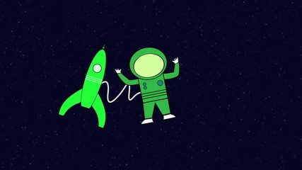 Astronaut in space outside rocket ship. Retro cartoon style with flat design. Travel and adventure in cosmos.