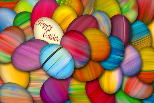 Colorful painted Easter eggs on a pile, resurrection holiday background