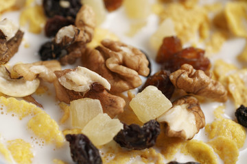 macro photo of corn flakes with fruits and nuts in bowl, shallow focus