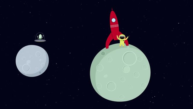 Alien flying in space ship. Astronaut standing on planet. Retro cartoon style with flat design. 