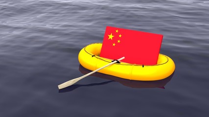 Chinese flag swimming in a yellow rubber boat alone