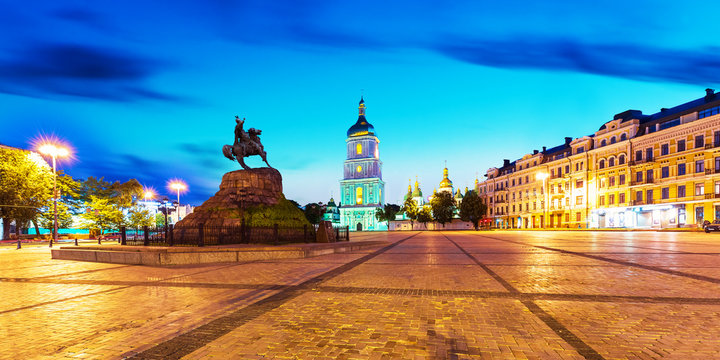 Evening scenery of Sofia Square in Kyiv, Ukraine