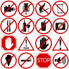 Red prohibition vector symbols and signs set. You can simply change color and size