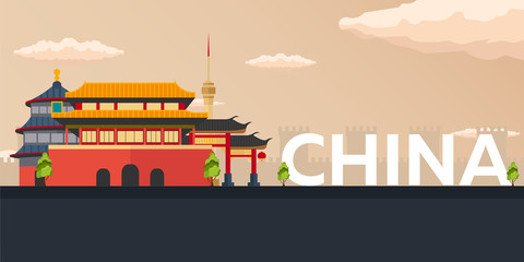 Fototapeta premium Travel banner to China. Vector flat illustration.