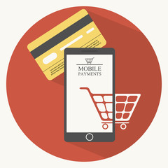 Mobile payments illustration in flat style. Credit card, phone, shopping cart. Vector illustration