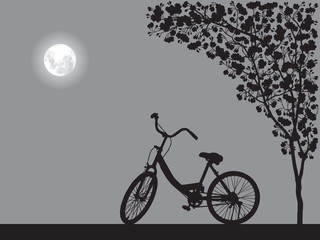 One bicycle parking under blooming flower tree, floral shadow backdrop, full moon silhouette vintage banner, travel scene on gray background