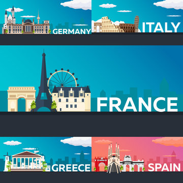 Big Collection of Travel banners to the Europe. Schengen. Vecor Flat illustration.