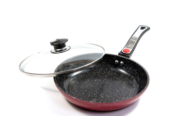 the side view of the red pan with a nonstick surface