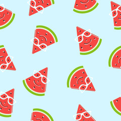 Seamless watermelon slice smiling with glasses on blue background. Vector illustration