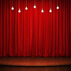 Stage with red curtain, wooden flooring and light bulbs. 3D rendering
