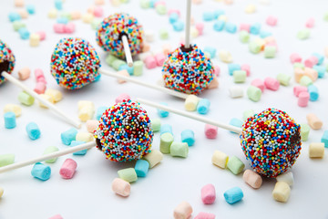 Brownie cake pops with color sugar pearls and marshmallow