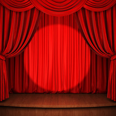Stage with red curtain, wooden flooring and spot light. 3D rendering