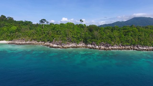 Aerial view on stone coast of Ko Lipe island in the Andaman Sea, Thailand, 4k
