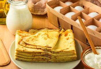 ingredients for making pancakes and pancakes