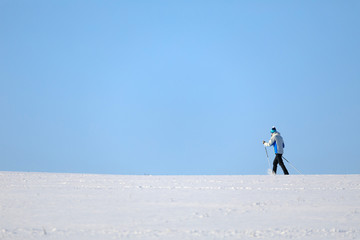Fototapeta na wymiar unidentified skier on the horizon winter landscape